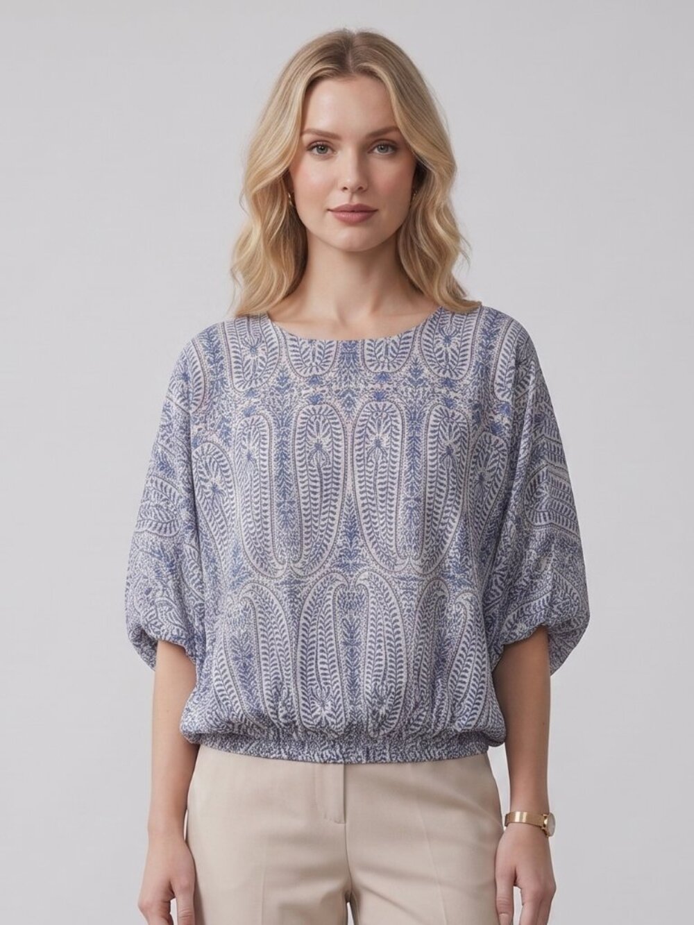 Women's Blue Paisley Boho Blouse Lantern Sleeve Round Neck Tie Back Top - Picture 2 of 5
